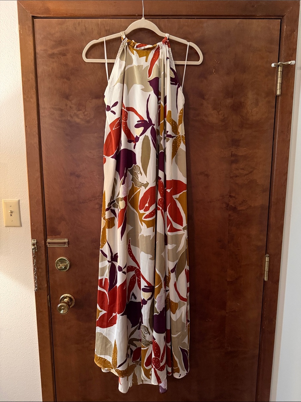 Banana Republic Cream Floral Halter Maxi Dress with Red and Purple Accents